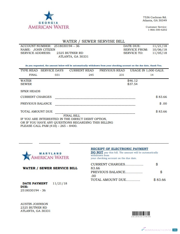 download USA Maryland Georgia Water utility bill template in Word and PDF format (.doc and .pdf) PDF template